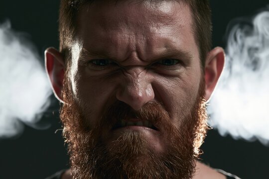 Furious Bearded Man Screaming in Extreme Rage with Steam Blowing Coming Out of His Ears Concept for Stress and Anger Management