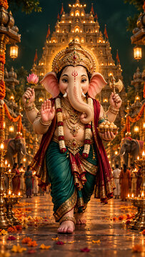 Majestic ganesh chaturthi procession featuring standing ganesha idol temple architecture lamps flowers and devotees during lord ganesha puja celebration in festive atmosphere