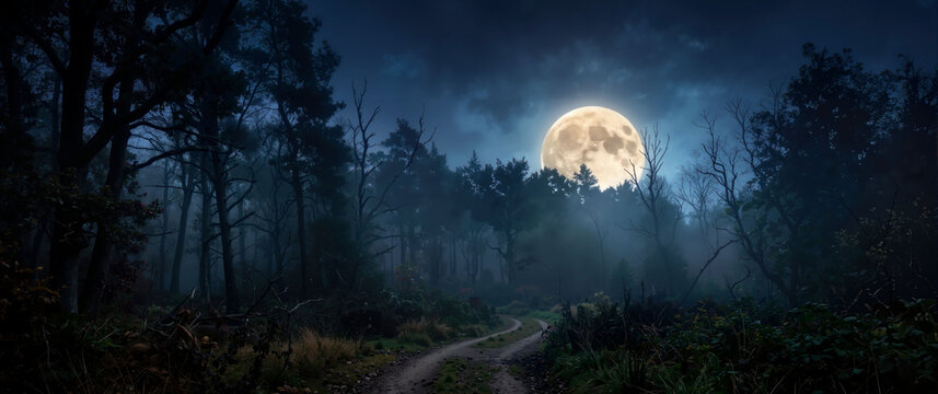 Full moon rising over a dark misty forest with a dirt path. Glowing bright moon behind silhouetted trees in foggy night scene. Halloween background concept