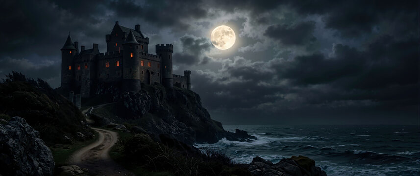 Dark stone castle on cliff under full moon at night. Spooky fortress overlooking stormy ocean. Halloween background concept