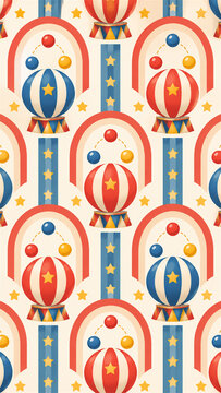 Playful nursery pattern features repeating circus balls arches stars and stylized performers in warm retro colors creating cheerful seamless wallpaper for childrens rooms textiles and baby decor