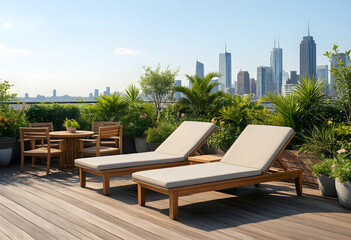 Obraz premium Urban luxury lifestyle and rooftop relaxation, wooden sun loungers on a terrace with city skyline view and lush greenery for real estate development