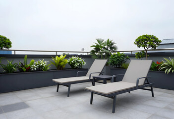 Obraz premium Urban relaxation and luxury lifestyle, modern rooftop terrace with lounge chairs and potted plants for outdoor leisure and residential architecture