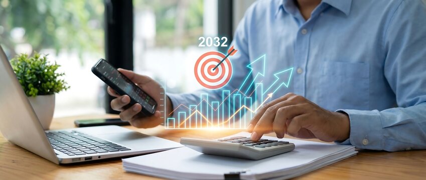 Business professional analyzing financial growth targets for the year 2032 using digital charts