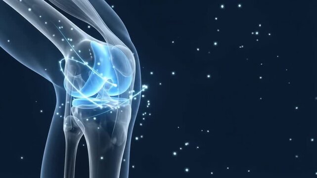 3D animation of a human knee joint with glowing blue highlights showing medical treatment or scanning on a dark background
