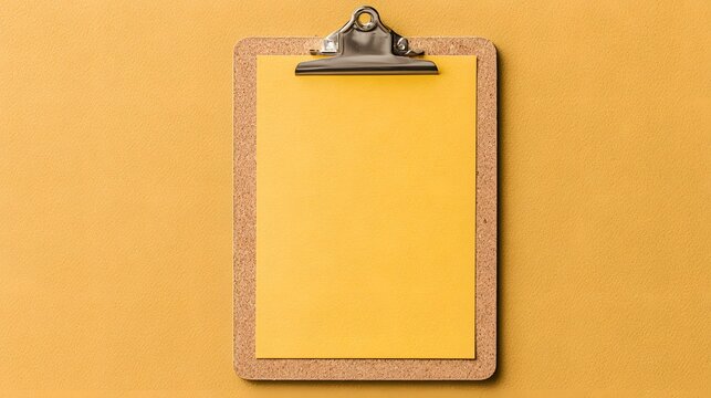 A blank yellow paper on a cork clipboard centered on a matching yellow background. Use this for professional business planning or creative productivity concepts.