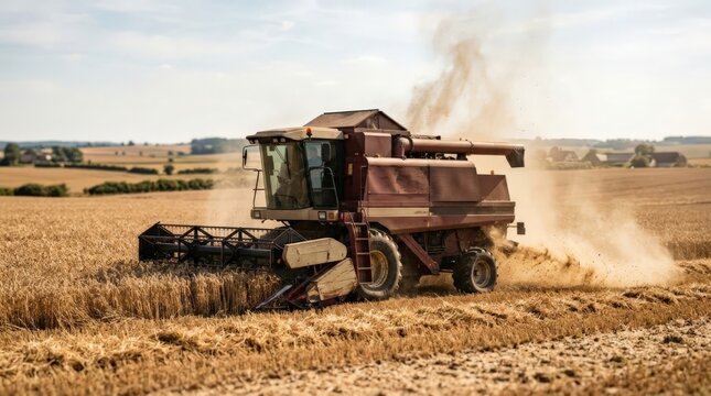 A maroon combine harvester working through a wheat field during a grain silo harvest, kicking up dust and chaff under a bright daytime sky with rolling hills in the background