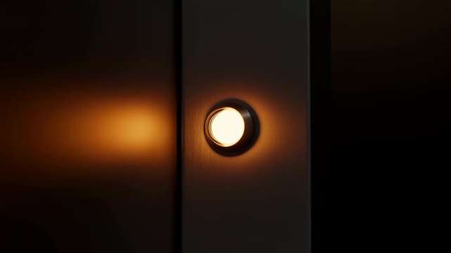 Round wall light glows steadily on dark paneled surface, casting warm amber illumination to one side while circular fixture remains fixed in a minimal interior composition