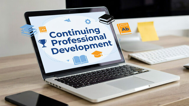 Laptop displaying Continuing Professional Development course with educational icons in a modern office setting