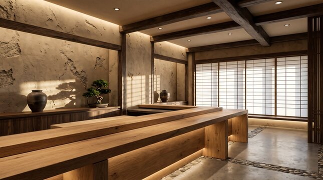 Traditional japanese wabi sabi style tea room interior with wooden counter shoji sliding doors bonsai tree and minimalist plaster walls under warm soft lighting.