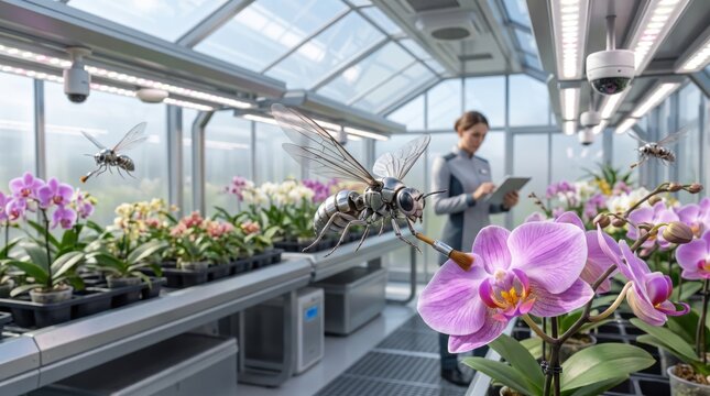 Researcher in a greenhouse observing orchid flowers with robotic dragonfly assistance agricultural research smart farming precision agriculture scientific observation plant research robotic inse
