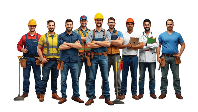 Group of diverse male professionals wearing hard hats and working uniforms standing together with crossed arms demonstrating confidence and teamwork.