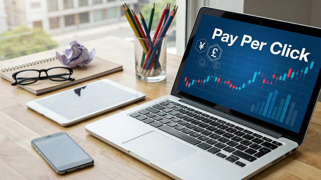 Laptop screen displaying pay per click analytics with charts and currency symbols on a desk with office supplies during daytime