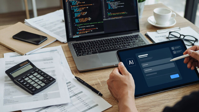 Man's hands using tablet with AI login screen near laptop and calculator on desk