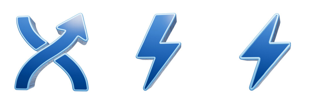 Glossy blue digital symbols featuring a shuffle icon and two lightning bolts for interface design use
