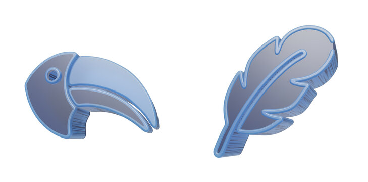 Minimalist 3d toucan head and single feather icon set for creative design and nature graphic projects