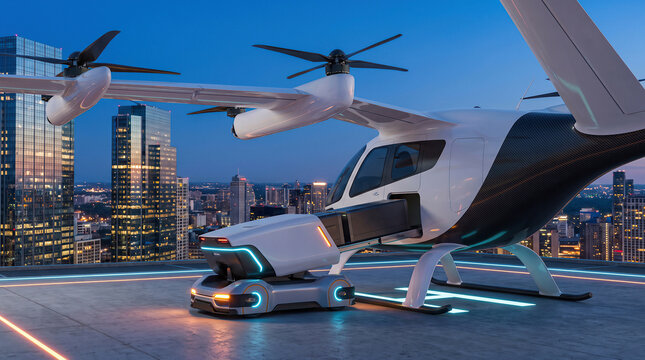 eVTOL aircraft undergoing battery swap with autonomous delivery robot on rooftop landing pad in futuristic cityscape at dusk, urban air mobility solution.