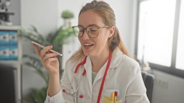 Woman doctor wearing glasses speaking into smartphone, holding phone near mouth with red stethoscope visible in office building; telehealth reassurance.