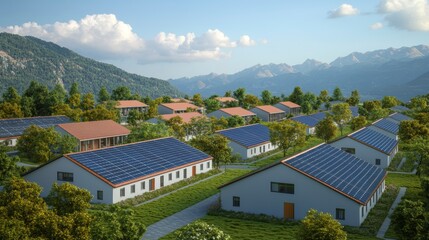 Obraz premium A residential neighborhood with solar panels on rooftops, set in a scenic mountainous area under a partly cloudy sky.