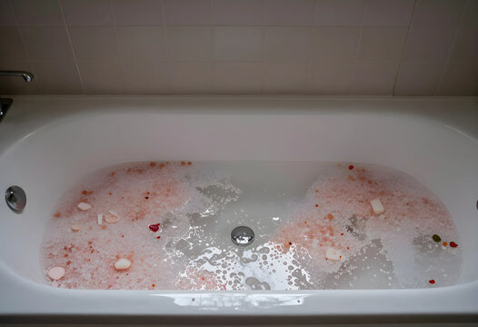 Self care and wellness routine, relaxing bath with pink himalayan salt and bath bombs in a white porcelain tub for stress relief and home spa therapy
