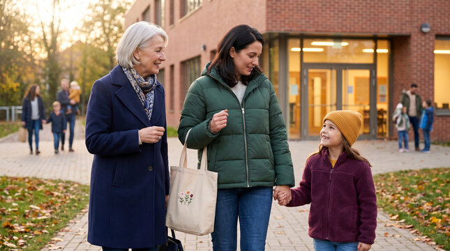 Multigenerational family walking together outside a brick school building on a sunny autumn day.