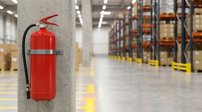 Fire extinguisher mounted on concrete pillar in modern warehouse with racks, for safety and emergency preparedness.