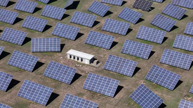 Aerial view of a solar panel system with rows of photovoltaic panels installed on a grassy field in Spinetta Marengo, Piedmont, Italy.
