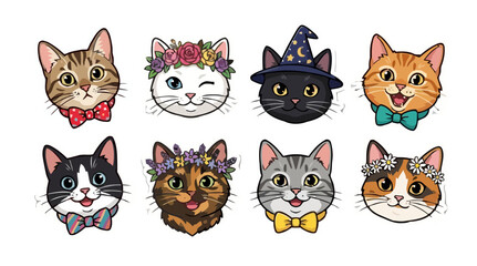Fototapeta premium A collection of adorable die cut cat stickers featuring kittens in different colors and poses including playing, sleeping, and sitting with a white border outline.