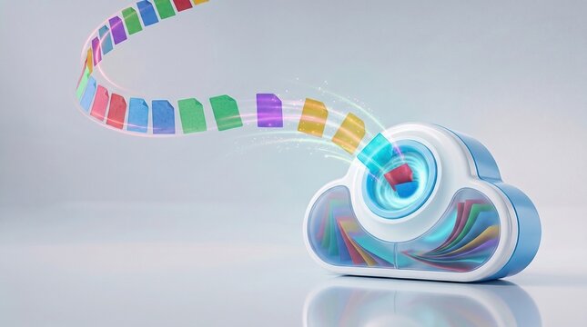 Cloud storage processing colorful digital documents on sleek, light background, representing data management and transfer.