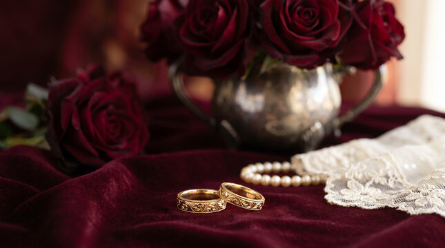 Two golden wedding rings on burgundy velvet with dark red roses and vintage lace