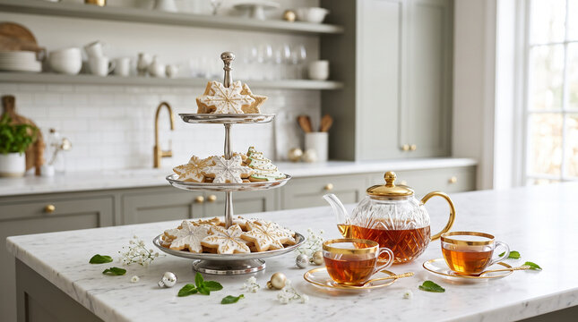 Festive afternoon tea with snowflake cookies on silver stand and glass teapot in kitchen