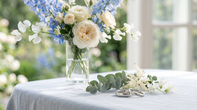 Silver wedding rings on light blue linen with white roses and blue flowers bouquet
