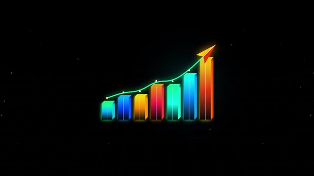 Glowing business growth bar chart with rising arrow. Colorful financial data graph on black background. Success and profit visualization concept.