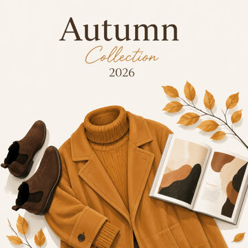 Arrangement of warm colored clothing book with design illustrations shoes and leaves on cream background during autumn