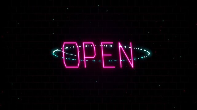 Neon pink open sign with futuristic digital ring, glowing retro cyberpunk typography, high-tech business welcome animation on black background
