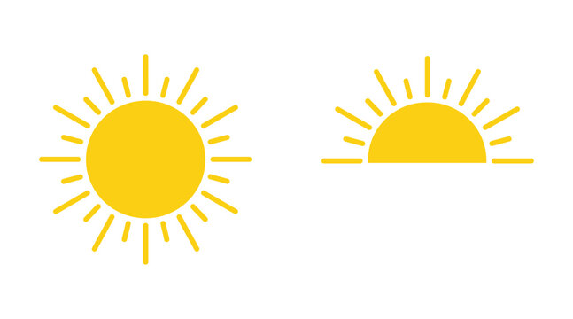 Sunrise and Sunshine icons. Two simple graphic representations of the sun, one full circle radiating light and the other a half-circle on the horizon, symbolizing the start of a new day and warmth.