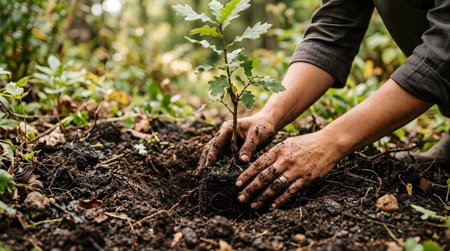 Person planting a young green oak tree in soil to restore forest nature