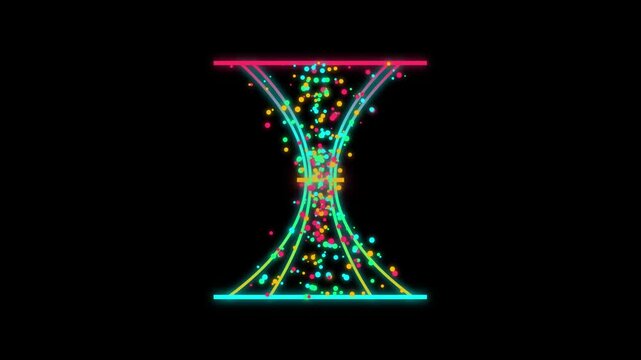 Neon hourglass animation with glowing particles, digital sand timer motion graphic, colorful light streaks on black background