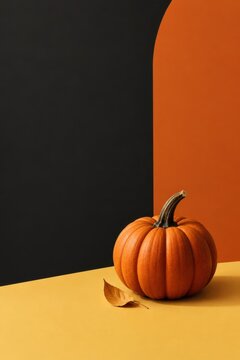 Autumn pumpkin and fallen leaf on a minimalist background with warm colors with copy space