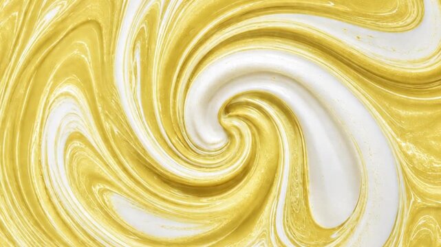 Abstract Golden Yellow and White Creamy Swirl Texture with Smooth Spiral Vortex, Glossy Food Background Elegant Yellow Cream and White Liquid Spiral Vortex with Flowing Marble Pattern Abstract Dessert