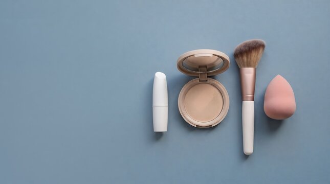 Flat lay of professional makeup tools including a powder compact brush and beauty blender on blue background