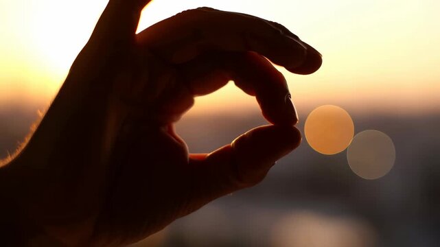 Silhouetted hand gently pinches glowing sun at sunset, with fingers framing warm horizon light and circular lens flare over softly blurred distant landscape backdrop