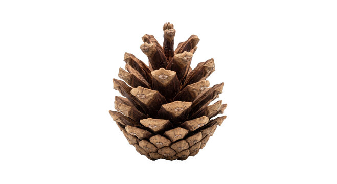 Detailed close-up of a single brown pine cone with visible scales against a white background