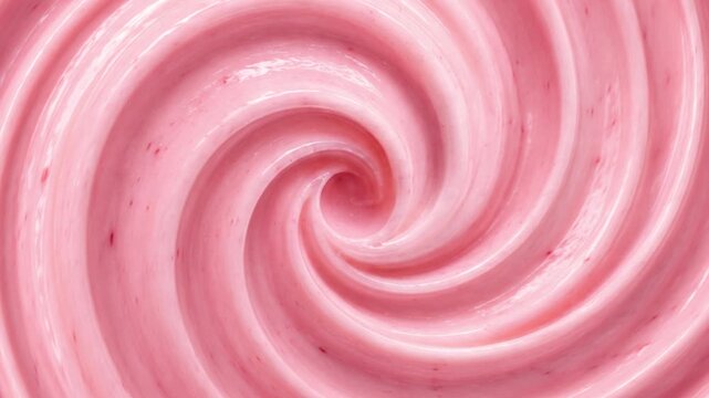 Abstract swirling pattern of soft pink yogurt or ice cream, macro food photography Top view of creamy strawberry swirl texture background with tiny fruit bits