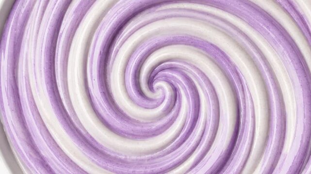 Lavender and White Cream Swirl Texture with Glossy Spiral Pattern Smooth Ridges and Elegant Pastel Dessert Background Macro Close Up of Purple Taro and Vanilla Cream Vortex with Silky Flowing
