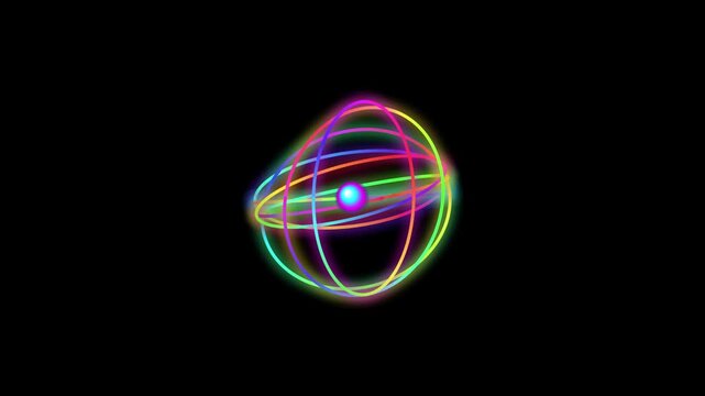 Neon atom model with glowing rainbow orbits. Colorful scientific nuclear physics animation. Vibrant atomic structure on black background.