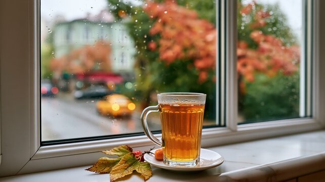 Cozy tea time by the window on a rainy autumn day with colorful leaves