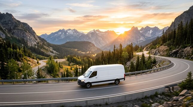 White delivery van driving on a mountain road during golden hour sunset