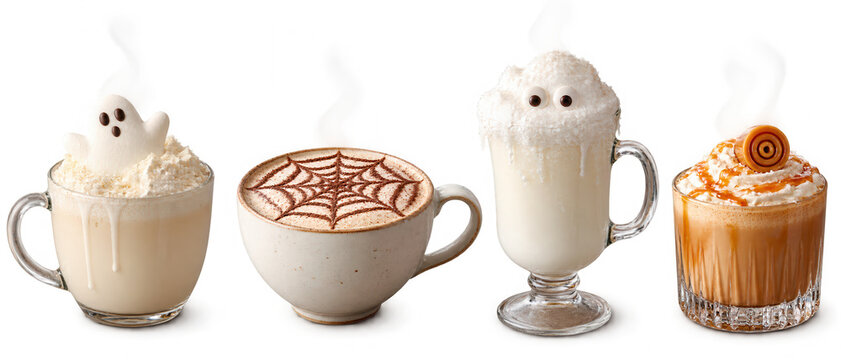 Spooky halloween hot drink collection with ghost marshmallows, spiderweb cocoa and caramel cream