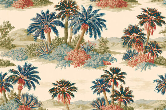 Seamless Vintage Palm Tree And Desert Shrub Landscape Pattern In Soft Colors